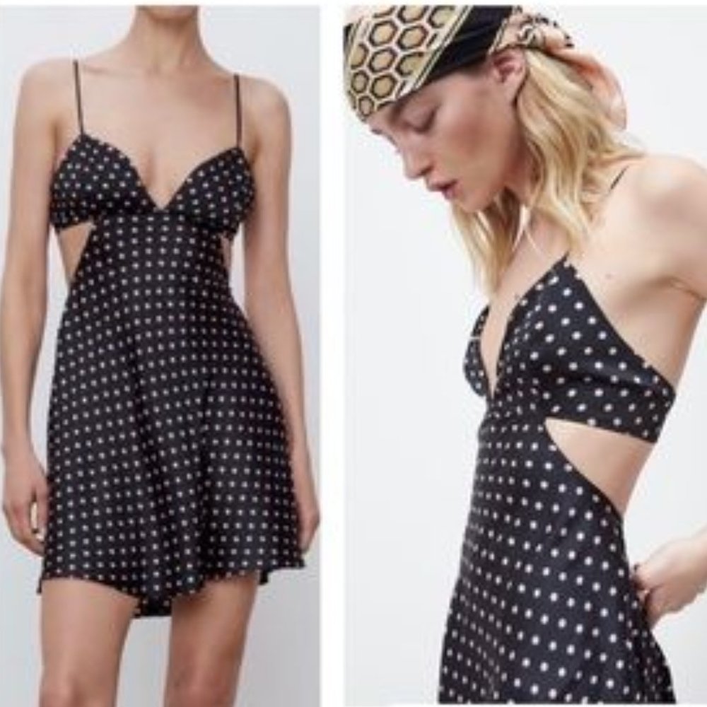 Zara Black Pink Polka Dot Satin Cutout Sleeveless Slip Mini Dress S